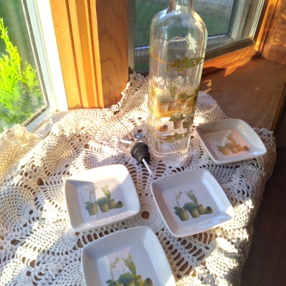 Cypress Home  ceramic dipping plates (4) with oil bottle with pour spout